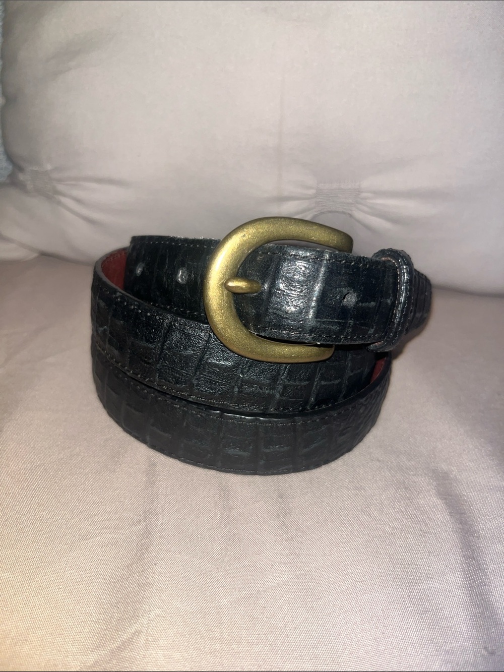 Brighton Black Croc-Embossed Leather Belt with Brass Oval Buckle